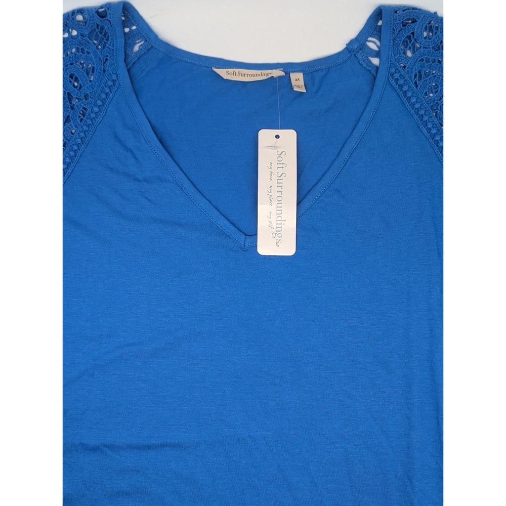 Soft Surroundings 2X Top Lace‎ Sleeves V-neck T-Shirt Tee French Blue NWT NEW